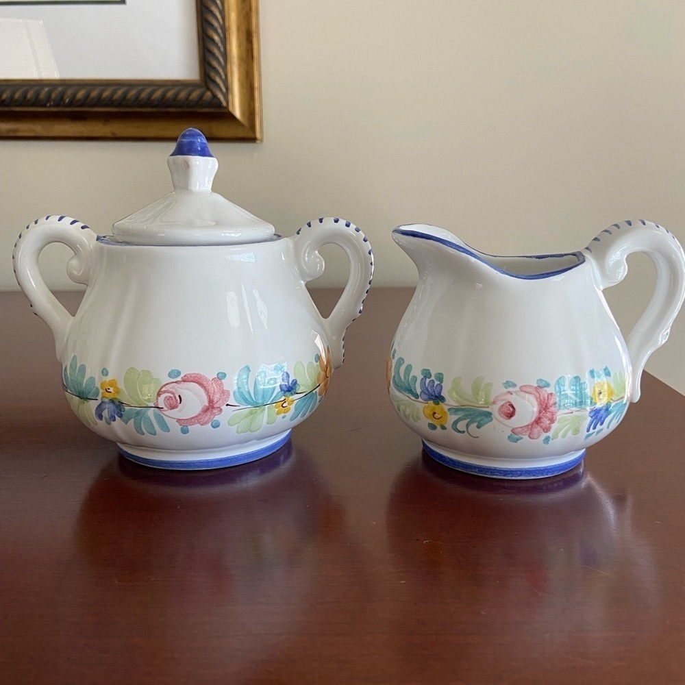 William-Sonoma Mari Floral Hand-Painted in Italy Sugar Bowl and Creamer Set